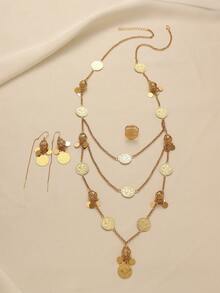 1 Set Exquisite Copper Alloy Coin Chain Necklace, Earrings And Ring Set, Suitable For Women's Daily Wear And Holiday Gift - Yellow Gold - View 2