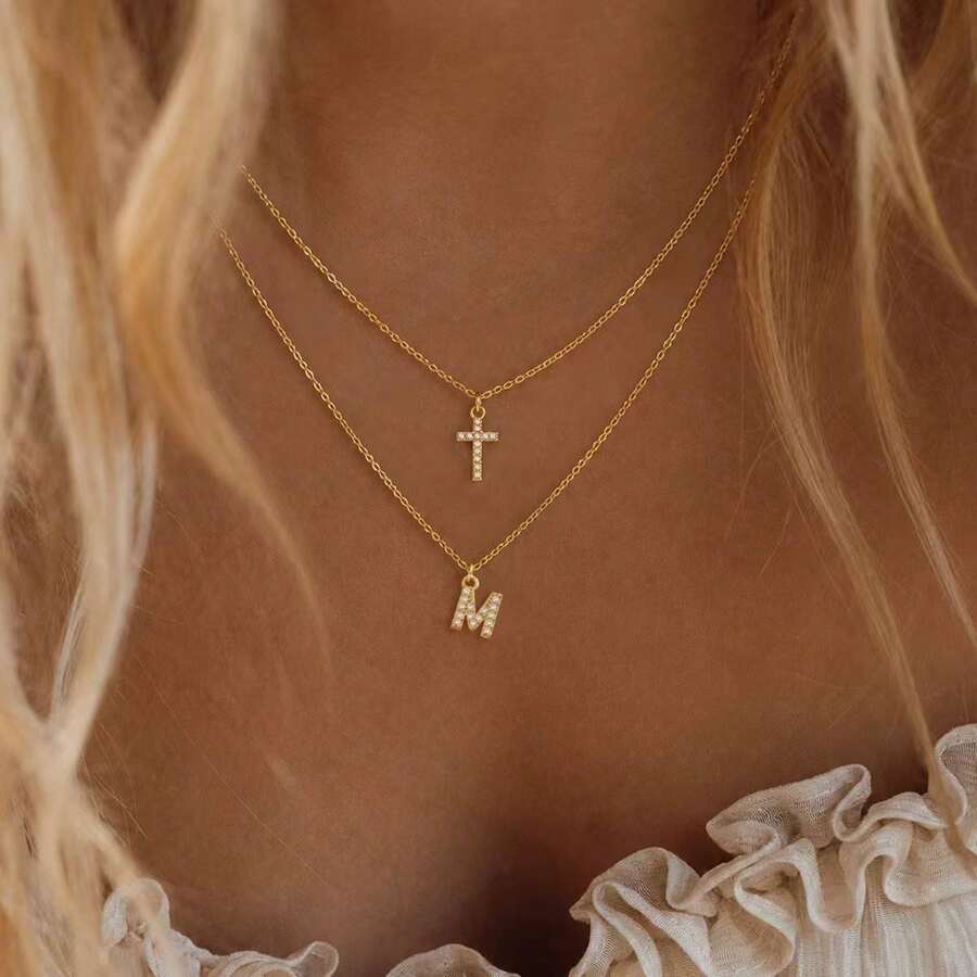 2Pcs/Set New Simple Classic Initial Cross Pendent Gold Color Stainless Steel Box Chain Layered Necklaces For Women - Yellow Gold - View 1