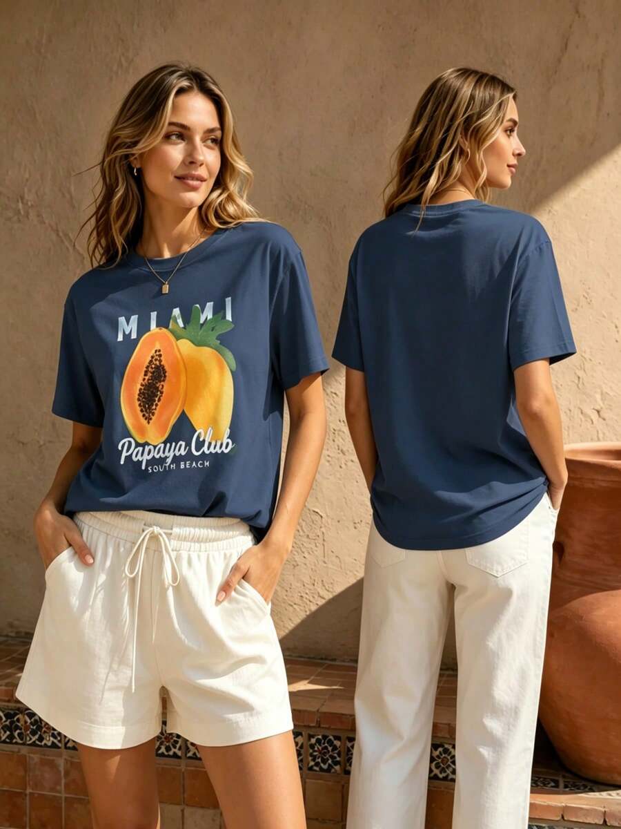 2026 Summer Women Round Neck Tee, Watercolor Papaya Mango Print, Soft Breathable Casual Top Daily Vacation, Free Shipping Ship In 24H. - 藏蓝色 - 查看 1
