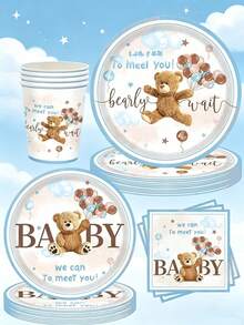 “Bearly Wait”一次性餐具套装 - 10 件套，包括 9/7 英寸餐盘、9 盎司杯子和餐巾纸，适合婴儿派对、生日派对装饰。 - 彩色 - 查看 2