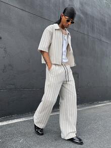 HOMIIE Men's Cropped Striped 2 Pieces Outfit, Cotton Blend Full Zip Shirt & Wide Leg Drawstring Pants, Streetwear For Spring Autumn,Halloween Christmas - Multicolor - View 6