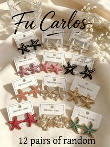 2/6/12 Pairs Stainless Steel Earrings Set - Asymmetric Starfish Beach Vacation Earrings (Valentine's Day Gift, Random Mix) - Multicolor - View 1