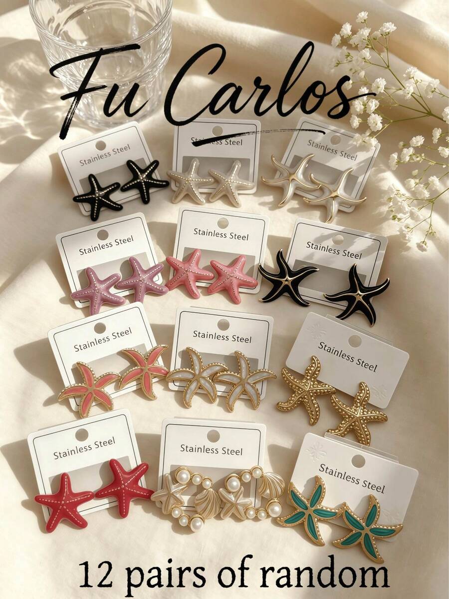 2/6/12 Pairs Stainless Steel Earrings Set - Asymmetric Starfish Beach Vacation Earrings (Valentine's Day Gift, Random Mix) - Multicolor - View 1
