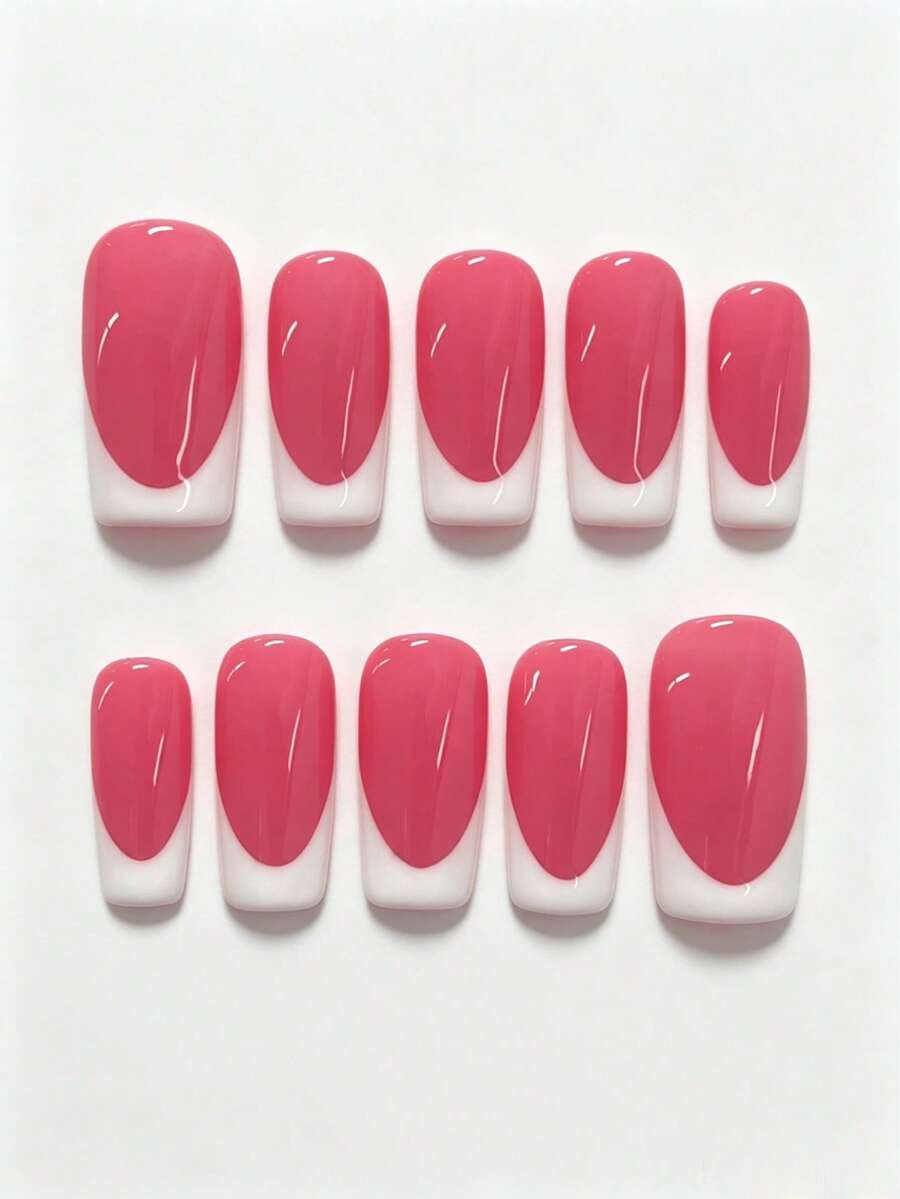 10pcs Handmade Reusable Full Coverage Press-On Nails - Square Short Medium Long French Tip Pink And White Glossy Nails For Women, Commute And Casual Wear, Minimalist Elegant Design, Nail Stickers, Professional Manicure, High Quality Stickers Cute Classic French Manicure Suitable For Women And Girls Daily And Party Wear Full Coverage Fake Nails Press On Nails, Comes With Nail Tool Kit, Perfect Gift For Women And Girls - Multicolor - View 1