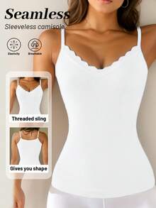 1pc Lace Patchwork Ribbed Tank Top, Solid Color Shaping Camisole, Suitable For Casual And Formal Wear - White - View 1