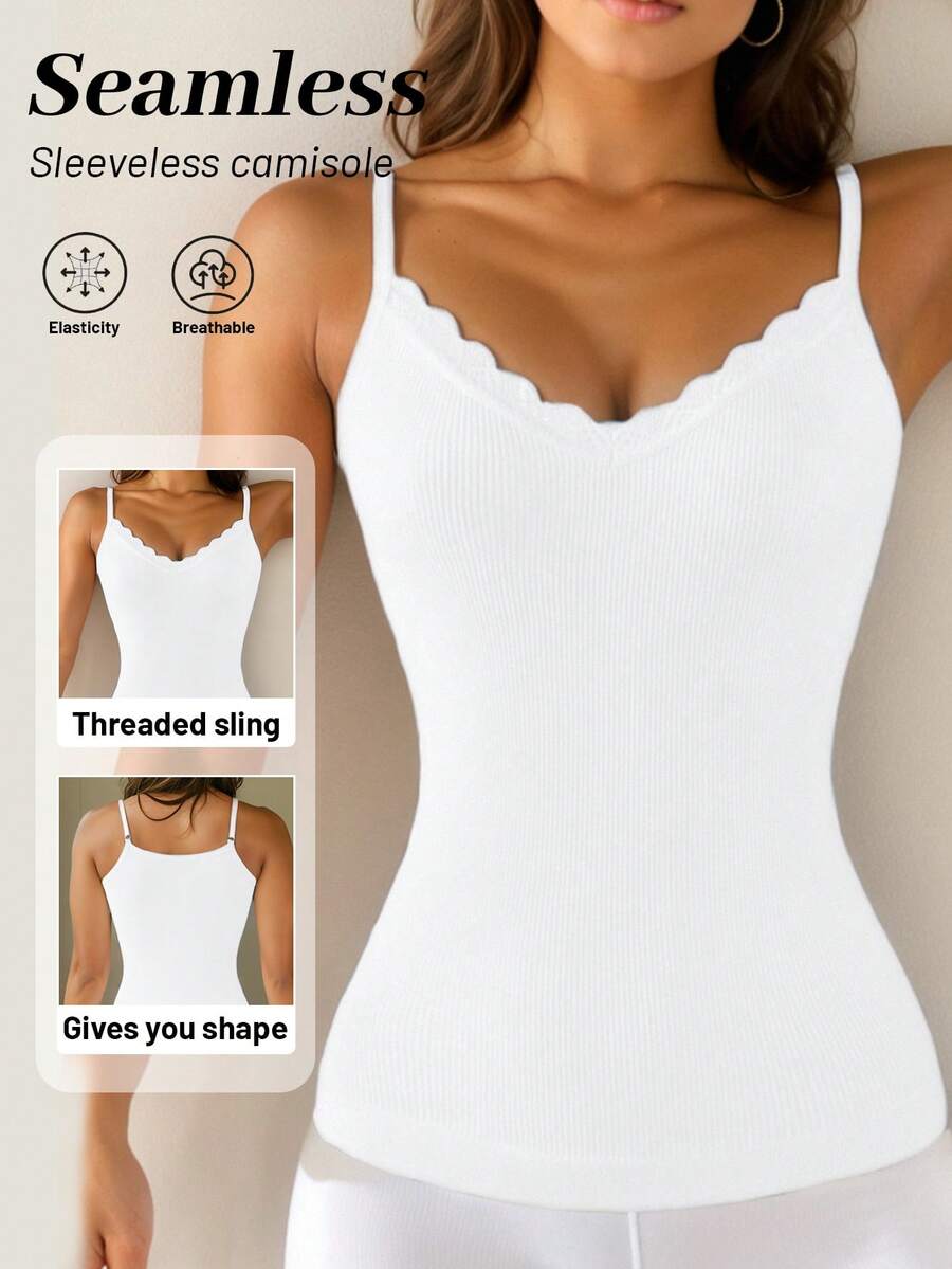 1pc Lace Patchwork Ribbed Tank Top, Solid Color Shaping Camisole, Suitable For Casual And Formal Wear - White - View 1