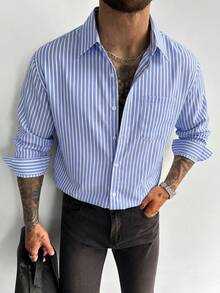 Men's Striped Single-Breasted Casual Versatile Elegant Daily Commute Long Sleeve Shirt - Blue and White - View 4