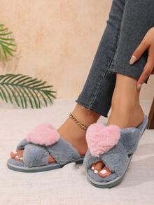 Ins Soft Style Cross Strap Heart Slippers Sweet Indoor Warm Fuzzy Slides - Grey - View 5