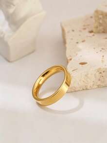 1pc Stainless Steel 18K Gold Plated Fashion Personalized Inner Round Outer Flat Smooth Ring, Unisex Versatile Style - Gold - View 2