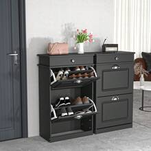 Schuhschrank für den Eingangsbereich – Lackierter Schuhschrank – Doppelschubladen mit großer Lagerkapazität – Stabile Struktur – Humanisierte Griffe – Schlichtes Design – 82 x 52 x 23 cm - Schwarz - Übersicht 5