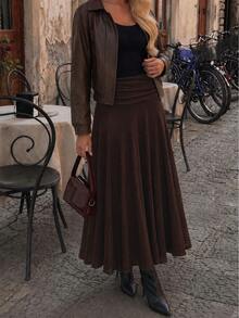Women's Solid Color Pleated Casual Versatile Daily Wear Skirt - Brown - View 4