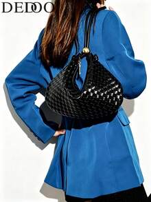 Dedoo European & American Style Woven Large Capacity Solid Color Dumpling Handbag - Black - View 3