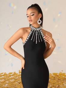 Love Aing Black Sleeveless Bandage Maxi Dress Hand Sparkle Rhinestone, Luxury Evening Gown For Party Wedding Guest Stage & Autumn - Black - View 9