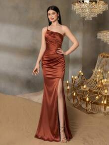 ALISA&LEO Teenager Elegant Asymmetric Shoulder Pleated Fitted Thigh Slit Dress, Suitable For Prom, Formal Occasions, Pageant Competitions And Celebrations - Burnt Orange - View 1