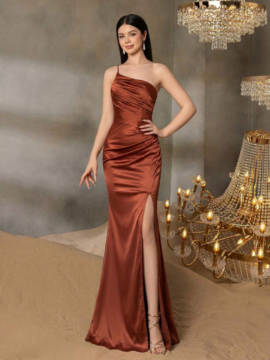 ALISA&LEO Teenager Elegant Asymmetric Shoulder Pleated Fitted Thigh Slit Dress, Suitable For Prom, Formal Occasions, Pageant Competitions And Celebrations - Burnt Orange - View 1