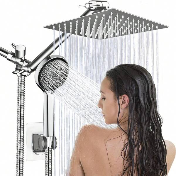 High Pressure Rain Shower Head/Handheld Shower Combo, Three-Way Diverter, Adhesive Shower Head Holder, And Dual Shower Head Kit Home Bathroom Decor Bathroom Accessories Bathroom Organizer Summer Back To School Storage