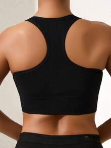 Runway Rest 1pc Solid Color Women's Sports Bra, Removable Padding Fitness Yoga Racerback Comfortable Sports Underwear - Black - View 4