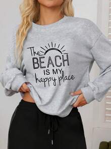 Women's Cotton Blend Lightweight Crewneck Sweatshirt The Beach Is My Happy Place Print All Seasons Casual Back To School Family Holiday Wear - Grey - View 1