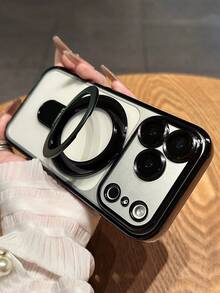 豪華電鍍磁吸手機殼，相容 iPhone 17 16 15 14 13 Pro Max 17Pro，Magsafe 支架底座透明保護殼 - 黑色 - 查看 3