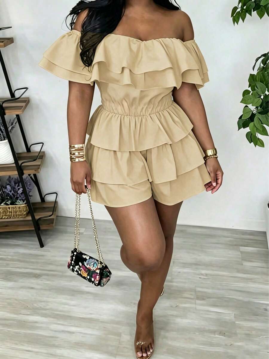 Summer New Plus Size Solid Color Ruffled Layered Tiered Cake Shorts Off-Shoulder Elegant Sexy Romper