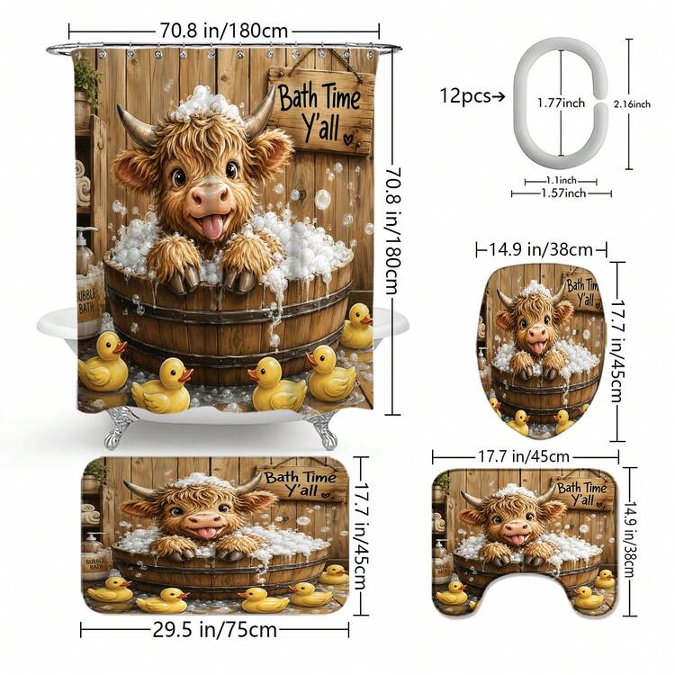 1pc/4pcs Vintage Highland Cow Pattern Multi-Function Bathroom Decor Shower Curtain Set, Free 12 Hooks, Premium Holiday Atmosphere, Bathroom Mat, U-Shaped Rug And Round Toilet Lid Cover, Suitable For All Scenes, Bathroom Set - Bathtub Little Highland Cow - View 3