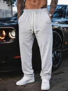 Men's Autumn Solid Color Sports Jogger Pants | Slanted Pockets & Elastic Waistband Drawstring Fashion Stitching | Casual Essential Straight Leg Pants - Light Grey - View 7
