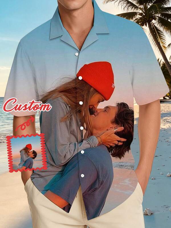 1pc Customizable Men's Hawaiian Shirt, Custom Upload Photo, Brazil Collar Button-Up Casual Shirt With Funny Face Design, Vacation Casual Style, Suitable For Daily Wear, Vacation Wear, Gift For Boyfriend And Family