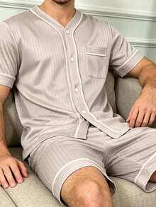 Bộ đồ ngủ nam 2 món mùa hè mỏng kiểu cardigan cổ chữ V, màu trơn, có túi, tay ngắn kèm quần short, chất liệu mềm cao cấp thoải mái mặc ở nhà - Nhiều màu - Xem 3
