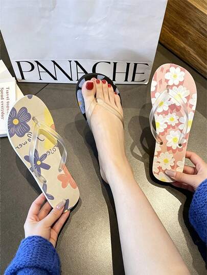 Women's Daisy Floral Print Flip Flops, Non Slip Soft EVA Sole Bohemian Summer Beach Pool Travel Casual Thong Sandals, Daily Vacation Holiday Gift For Back To School Dorm Living
