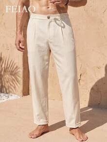 FEIAO Men's Vintage "Old Money Style" Solid Color Straight Leg Pants, Elastic Waistband, All-Season Versatile Essential Trousers - Khaki - View 1