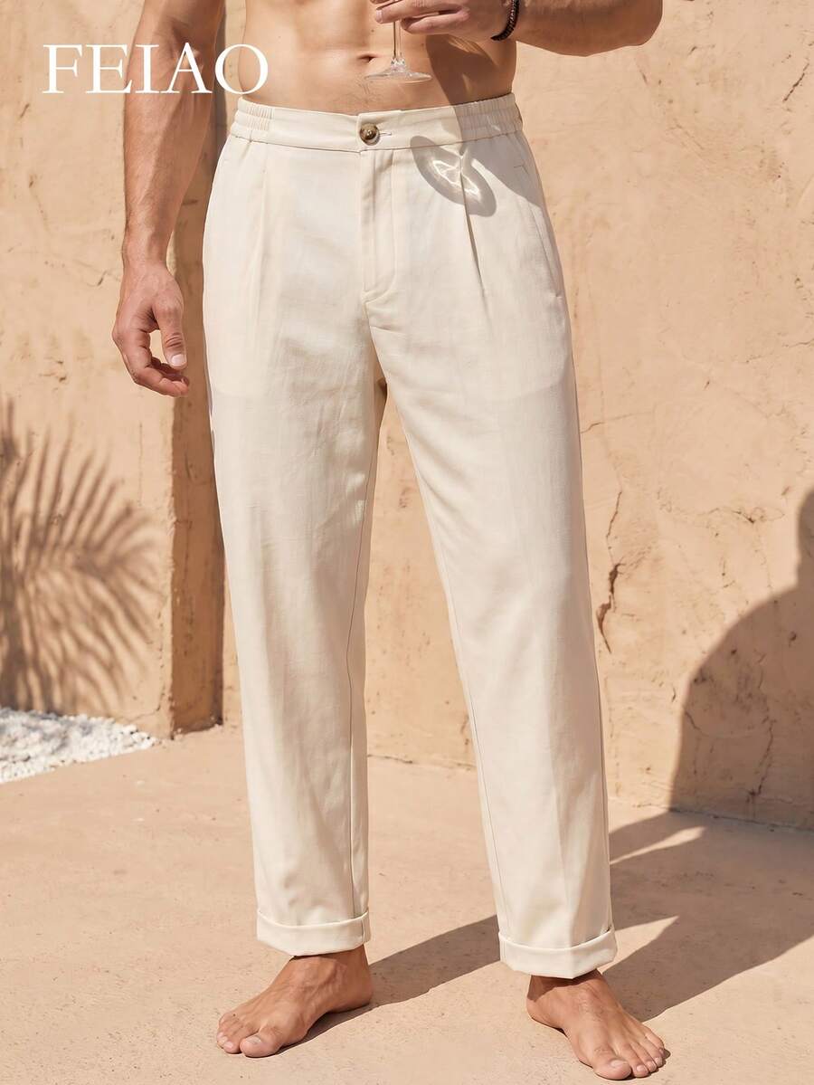 FEIAO Men's Vintage "Old Money Style" Solid Color Straight Leg Pants, Elastic Waistband, All-Season Versatile Essential Trousers - Khaki - View 1