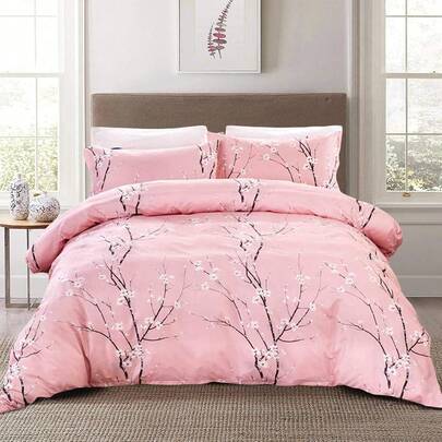 3 Pieces Double Floral Bedding Set With Zipper Closure Pink Plum Pattern Duvet Cover With 2 Pillowcases Soft Microfiber Botanical Branch Duvet Cover Set In Home Decor Bedroom Collection For Autumn And All Season, Halloween, Christmas Day Gifts