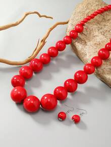Jewelry Set Necklace & Earrings Handmade Vintage Niche High-End Minimalist Elegant Versatile Beach Party - Red - View 2