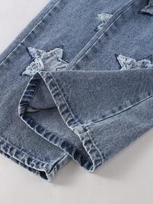 Girls' Denim Jeans With Patchwork Star Design, Casual INS Style, Snow Wash Blue, Fashionable And Comfortable For Autumn/Winter - Light Wash - View 8