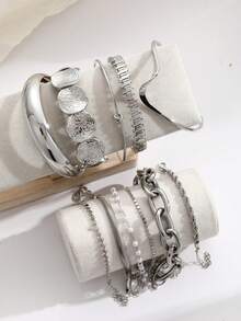 5pcs Fashion Minimalist Casual Geometric Twisted Snake Bone Chain Bracelet Set, Can Be Worn Individually Or Layered, Suitable For Women's Daily, Party, Date Wear, Perfect Gift For Girlfriend And Mother - Silver - View 3