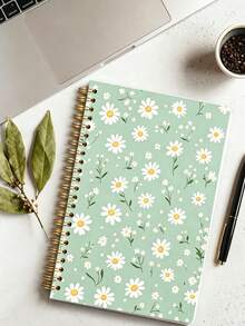 Mint Green Daisy Floral Cover Spiral Bound Notebook, Suitable For Diary Or Daily Planner, Creative Coil Binding Design, Premium Lined Paper, Perfect For Daily Recording School Supplies - One Size - View 2