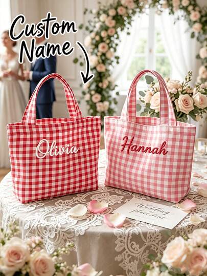 Women's Tote Bag, Handbag, Customized Name Plaid Handbag, Fashionable Plaid Shoulder Shopping Bag, Large Capacity Daily Versatile Item, Suitable For Shopping, Commuting, Dating, Beach, Vacation Occasions, Birthday Gift For Her