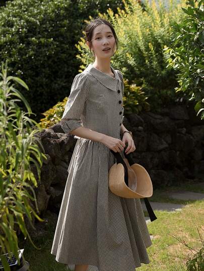 Y6Y New Apricot Button Women's Autumn Vintage Premium Plaid Dress Elegant