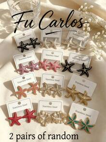 2/6/12 Pairs Stainless Steel Earrings Set - Asymmetric Starfish Beach Vacation Earrings (Valentine's Day Gift, Random Mix) - Multicolor - View 4