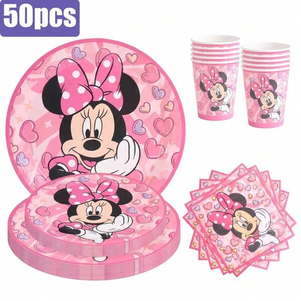 50pcs Mouse Cartoon Theme Party Tableware Set, Suitable For 10 People, Disposable Tableware Includes Plates, Cups And Napkins. Holiday Decoration Supplies, Suitable For Camping, Picnic, Backyard BBQ And Holiday Party Scenes Decoration, Perfect Gift For Fans