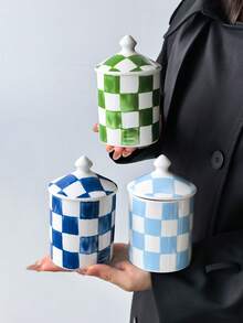 1pc Hand-Painted Checkered Ceramic Storage Jar With Lid, Multi-Color Grid Airtight Container For Kitchen Coffee, Sugar, Tea Storage, Bathroom Vanity Decor - Multicolor - View 4