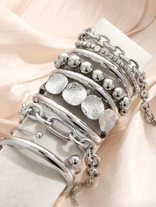 6pcs Exaggerated Fashion Punk Casual Bracelet Set, Can Be Worn Individually Or Layered, Suitable For Women's Daily, Party, Date Wear, Perfect Gift For Girlfriend, Mother - Silver - View 3