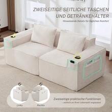 Modular 2-Seater Corduroy Sofa With Cup Holders And Side Pockets: Spring Core And High-Density Foam – Dimensionally Stable, Compressed Packaging, No Assembly Required. Ideal For Living Rooms And Apartments. - Beige - View 3