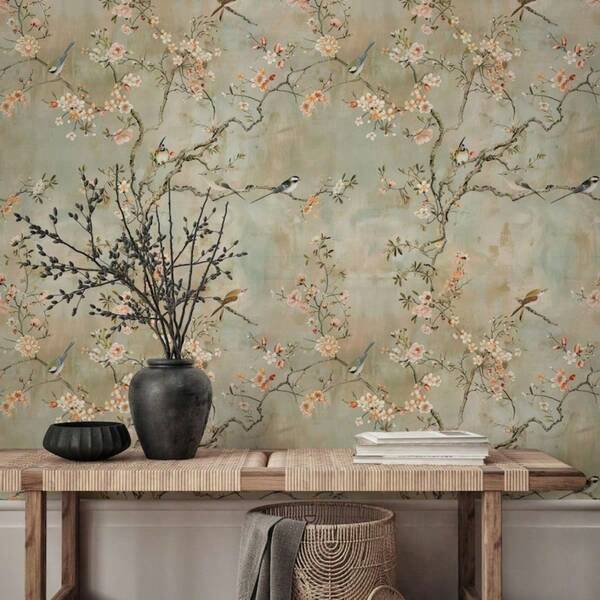 1 Roll Chinese Style Floral Bird Cherry Blossom Self-Adhesive Wallpaper, Soft Elegant Background, Classic Botanical Mural Matte PVC Surface, Waterproof Oil-Proof Easy To Clean Removable Wall Decor Sticker, Suitable For Bedroom, Living Room, Hotel Wall, Home Decor, Kitchen, Furniture Renovation Room Decoration. Spring Decor, Refresh Your Home. Rama Decor Sticker