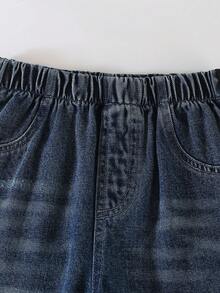 Celana Jeans Denim Model Lebar untuk Anak Perempuan dengan Detail Pita Hitam, Gaya Y2K, Pinggang Elastis, Pakaian Musim Gugur/Musim Dingin - Dark Wash - View 4