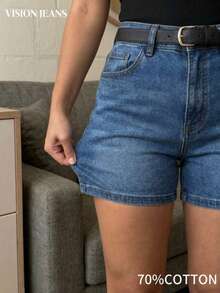 女款休閒百搭彈性牛仔短褲，適合夏季日常通勤 - 深色水洗藍 - 查看 7