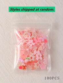 100件 3D隨機混色粉色樹脂蝴蝶熊美甲飾品，玫瑰、桃裙、蝴蝶結、鹿、蛇、兔子等動物造型美甲水鑽仿珍珠，適用於美甲裝飾與手工製作，隨機混色樹脂美甲飾品，卡通粉白美甲水鑽飾品，DIY配件，美甲寶石 - 粉色 - 查看 7