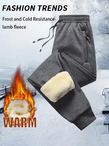 Men's Winter Fleece Lined Joggers, Multi-Pocket Zipper Decor Drawstring Waist Comfortable Casual Long Pants - Dark Grey - View 1