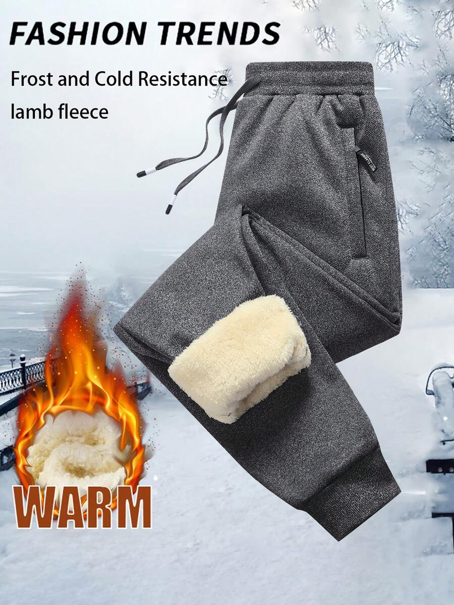 Men's Winter Fleece Lined Joggers, Multi-Pocket Zipper Decor Drawstring Waist Comfortable Casual Long Pants - Dark Grey - View 1