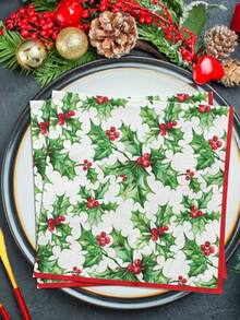 20/1pc Disposable Napkins, Green Plant & Red Berry Pattern, Christmas New Year Gift Party Napkins, Suitable For Christmas Gathering, Christmas Party, Restaurant Decor, Kitchen Decor, Christmas Home Decor, Christmas Gift - One Size Fits All - View 8